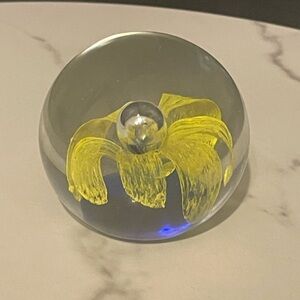 HadeMade Blown Glass Paperweight Yellow Daffodil Flower Blue Round Gorgeous